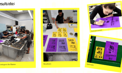 Alunos na oficina, do projeto Tipos Solidários e produzindo identidade visual para o grupo "Coletivo Viela Vive" | Créditos: Imagem cedida por Anna Rezende